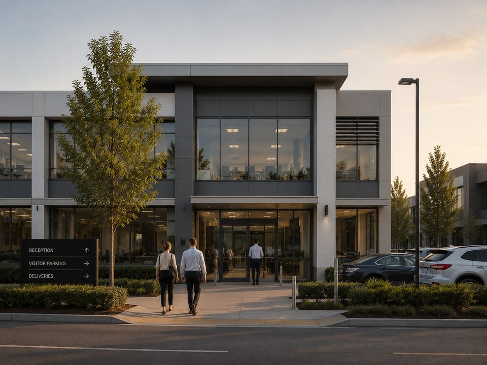 Modern commercial office building at twilight