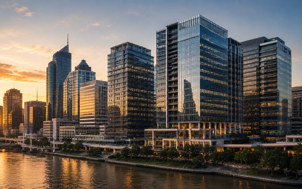 City waterfront commercial skyline at sunset reflected in the river