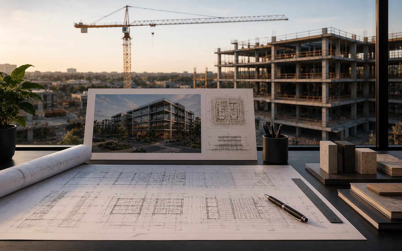 Architectural plans and material samples with a construction site visible through the window