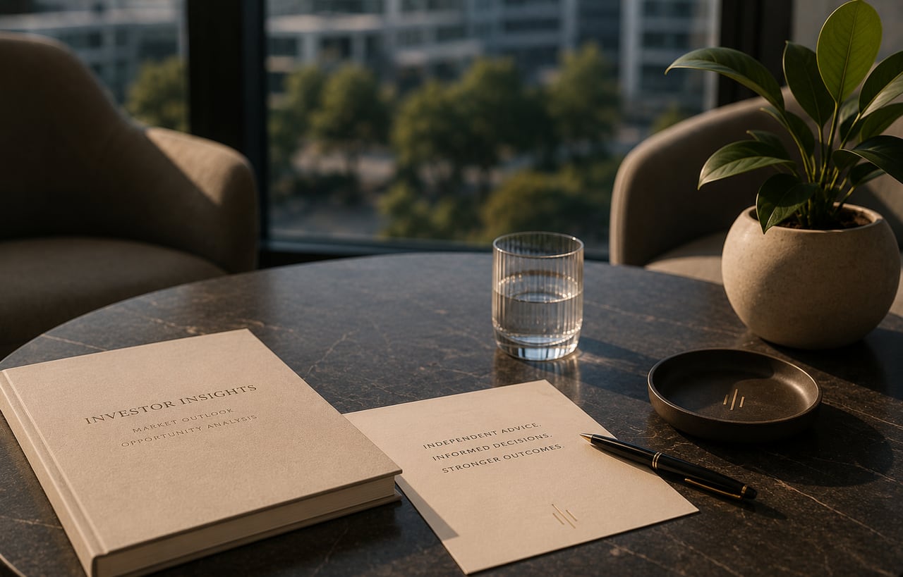 Investment advisory materials and fountain pen on a desk overlooking the city
