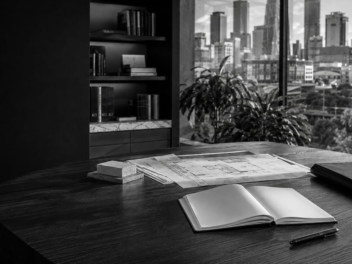Black-and-white view of an office desk with an open notebook and blueprints overlooking a city skyline.
