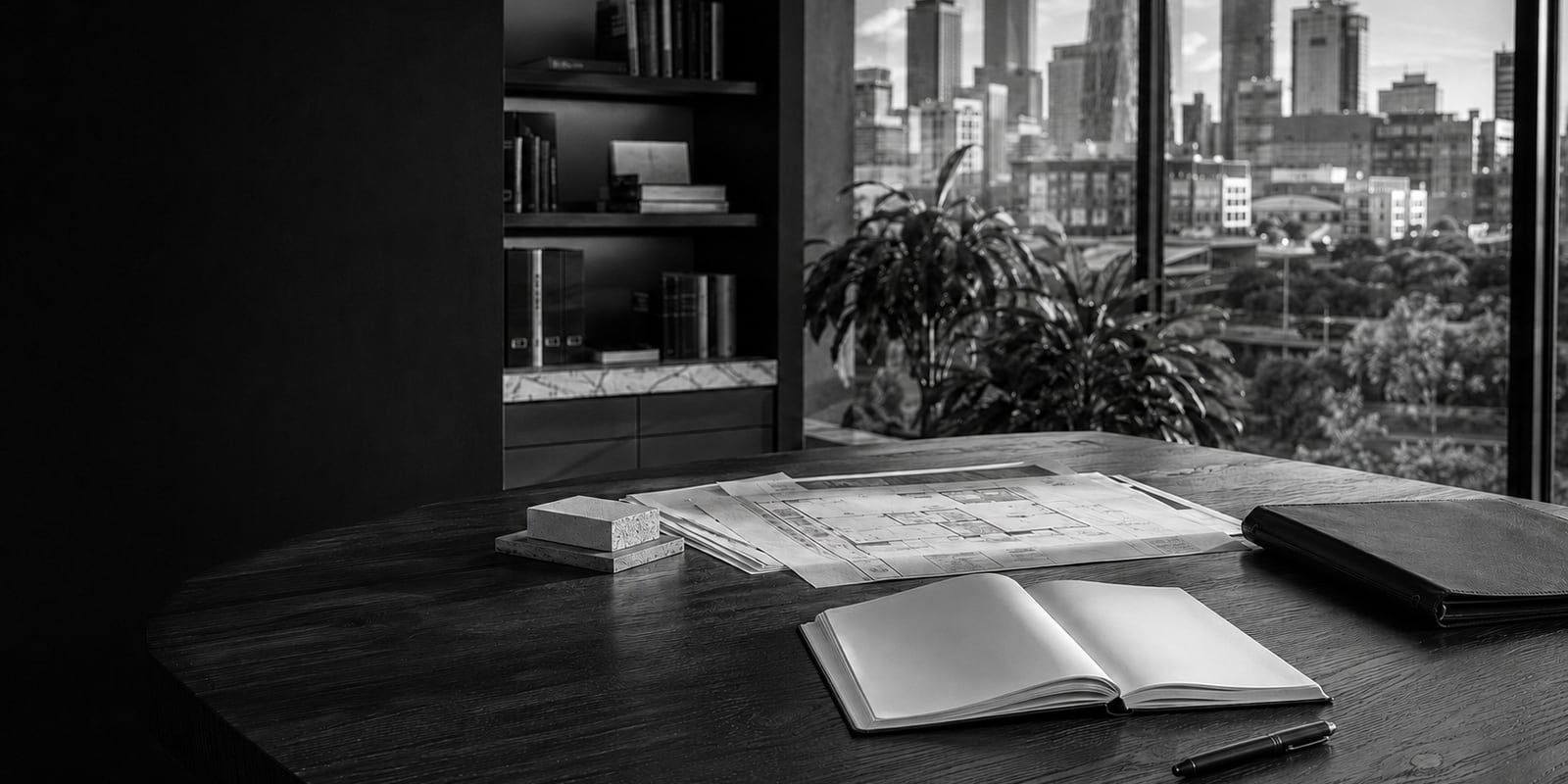 Black-and-white view of an office desk with an open notebook and blueprints overlooking a city skyline.
